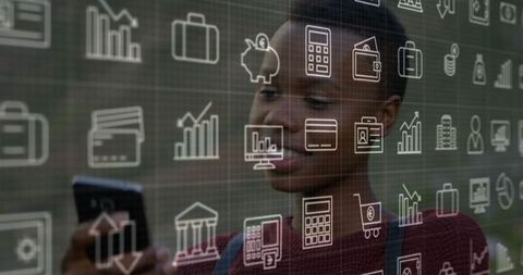 Tech-Savvy Woman Engaging with Financial Smart Phone Apps Outdoors