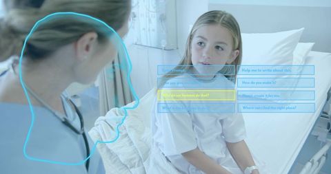 Nurse comforting child patient on hospital bed with digital ui prompts for care