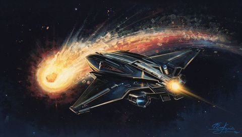 Futuristic starfighter soaring past exploding meteor with radiant thruster glow