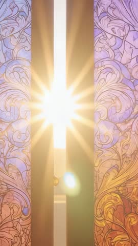 Sunrise light peeking through ornate curtain gap with starburst flare, golden rays streaming