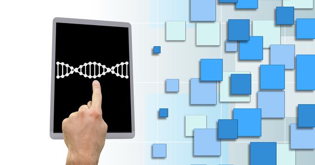 Hand interacting with a digital tablet displaying a DNA structure, with a background of abstract blocks in shades of blue. Ideal for illustrating concepts related to genetics, biotechnology, digital healthcare innovations, and modern scientific advances. Useful for articles, educational materials, and healthcare technology promotions.