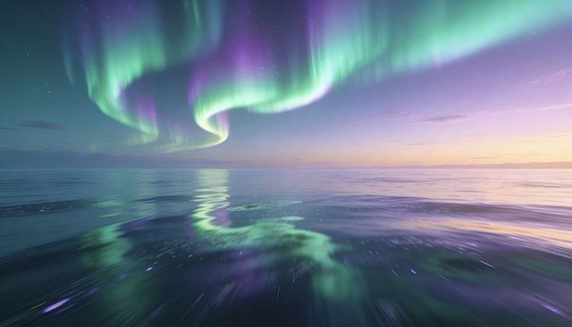 Aurora Borealis Dancing Over Calm Arctic Sea at Predawn with Pastel Sky Reflections