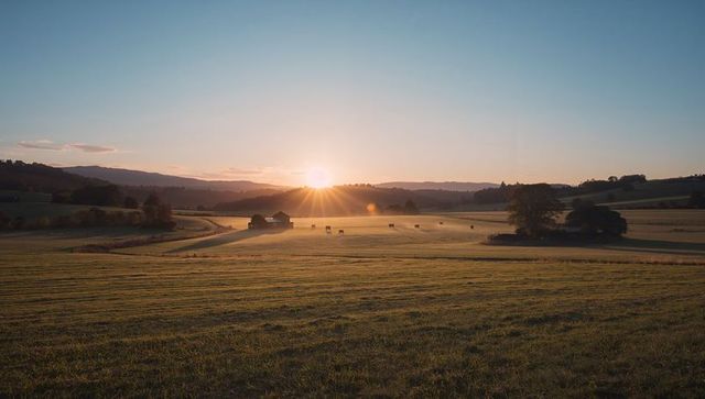 Serene Sunrise Over Rolling Farmland Countryside