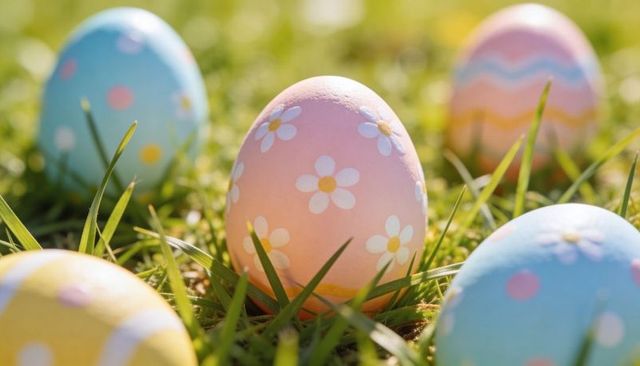 Sitting pastel daisy-decorated Easter egg in sunlit grass with blurred pastel eggs