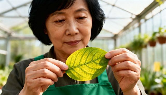 Senior asian gardener examining yellow leaf veins for plant health in glass greenhouse conservatory
