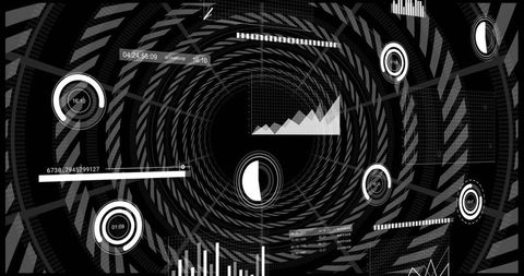 Monochrome cybernetic vortex hud rotating spiral tunnel with telemetry gauges