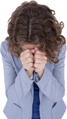 Transparent upset woman covering face in distress