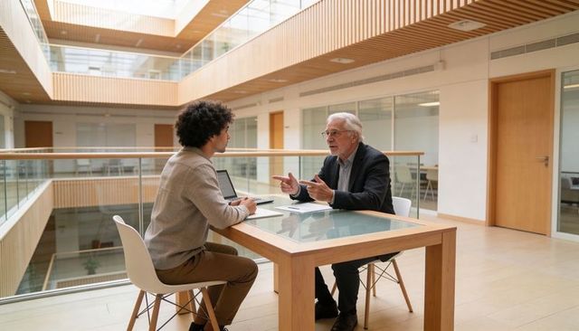 Senior executive mentoring young professional in modern atrium office discussing documents