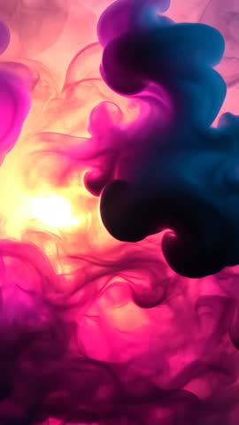 Vertical video showing swirling ink plumes glowing with warm backlight in pink and blue