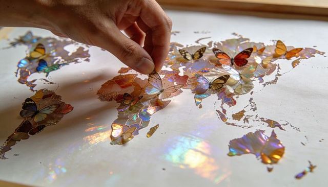 Placing holographic butterfly stickers on world map creating iridescent rainbow glints