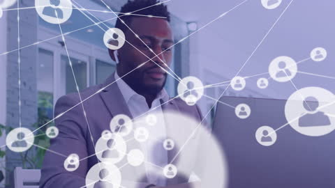 Businessman Using Laptop with Digital Network Connections