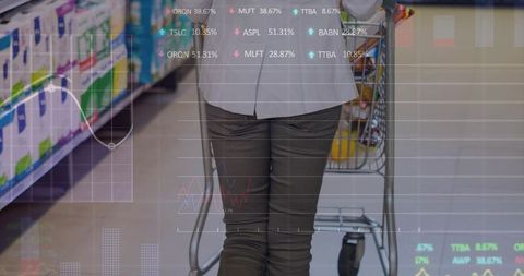 Mid-adult woman pushing shopping cart in supermarket aisle with retail data overlay