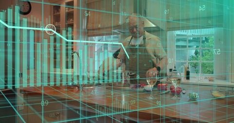 Chinese man preparing meal on kitchen island with teal holographic data overlay, smart kitchen tech