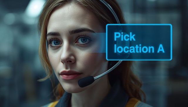 Warehouse worker with headset confirming pick location via technology