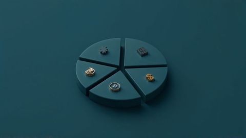 3d floating teal pie chart with metallic currency icons on matte surface