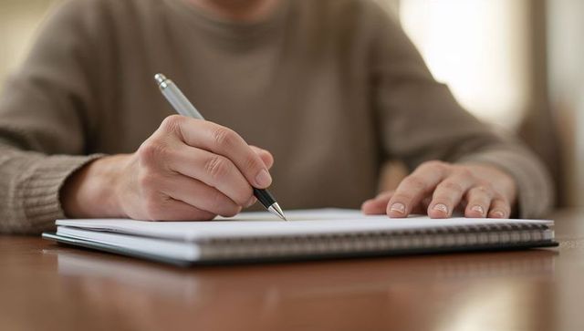 Hands writing in spiral notebook with pen on wooden desk, warm light, minimal workspace