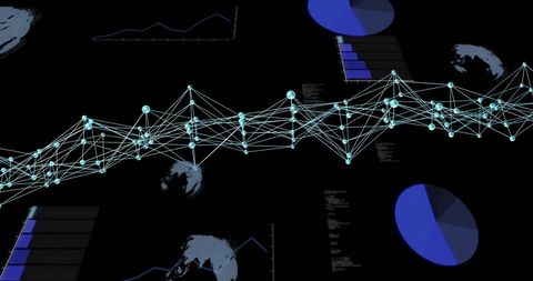 Digital dna strands with data graphics on black background
