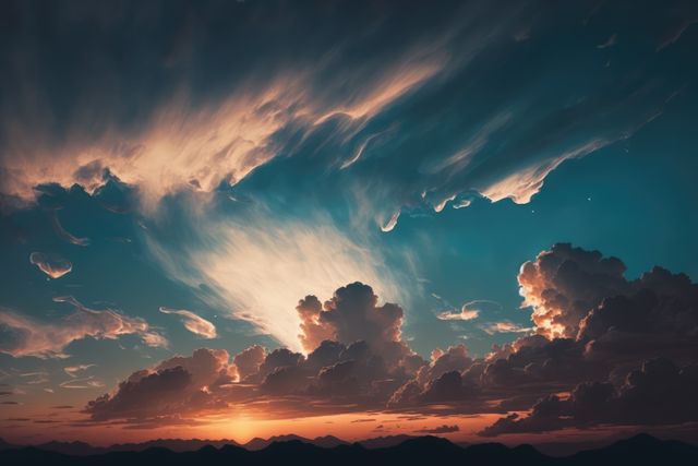 Dramatic sunset creates a stunning backdrop with glowing sunlight illuminating dark clouds. Use in backgrounds, nature photography collections, landscape designs and inspirational visuals showcasing the beauty of atmospheric sunsets.