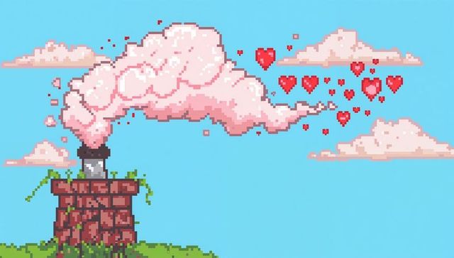 Pixel art chimney sending pink cotton candy smoke and heart pixels over bright sky