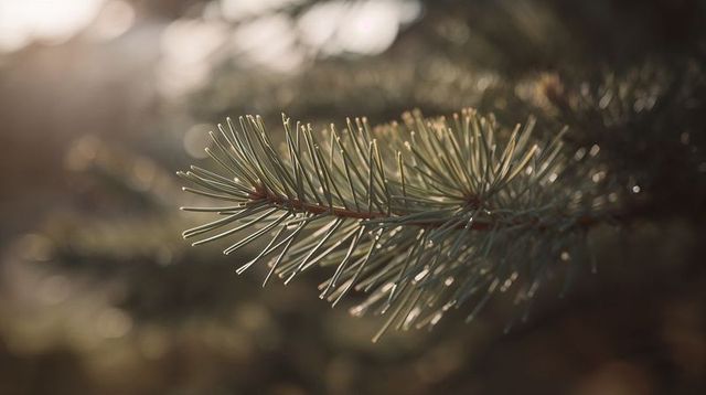 Sunlit conifer needle closeup with dew droplets, rimlight and warm bokeh in forest macro