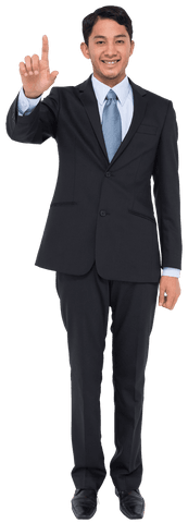 Happy businessman pointing upward transparent background