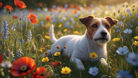 Jack Russell Terrier Resting in Vibrant Wildflower Field