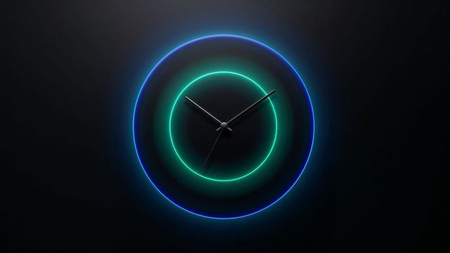 Futuristic neon clock with rotating hands in digital void