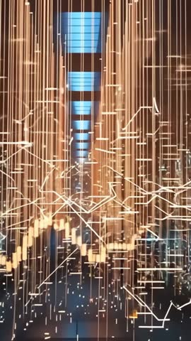 Vertical Futuristic Data Corridor with Golden Waveform and Neon Sparks for Tech Videos