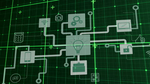Abstract Green Digital Flowchart with Technology Icons