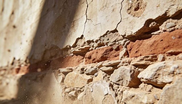 Sunlit crumbling masonry wall revealing clay band and stacked stones, dust and texture