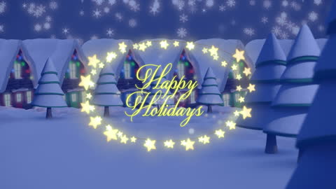 Festive Snowy Village Scene with Holiday Message