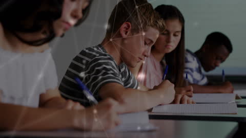 Diverse Students Engaging with Digital Education Data Overlay