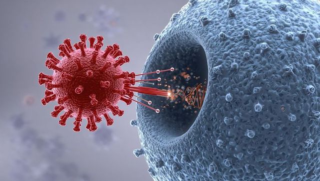 Red spherical virus particle injecting RNA into blue host cell membrane nanoscale medical concept