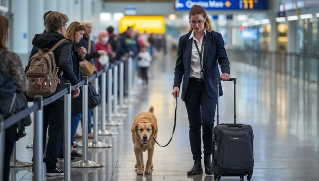 Security officer with detection dog at airport checkpoint