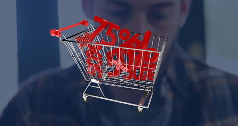 Animated Shopping Cart with Discount Symbols on Tablet
