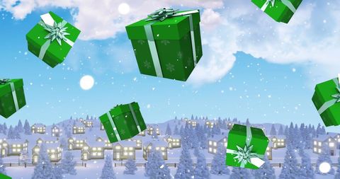 Festive Green Gift Boxes Floating Over Winter Wonderland