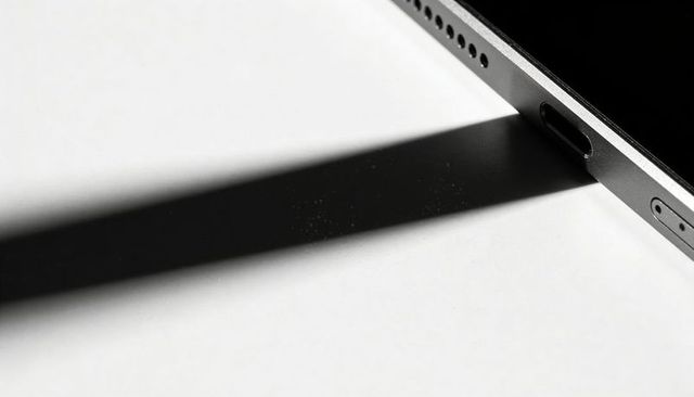 Minimalist metal device edge with usb-c port casting diagonal shadow on white surface