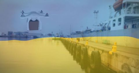 Delivery drone flying over water amidst conflict zone