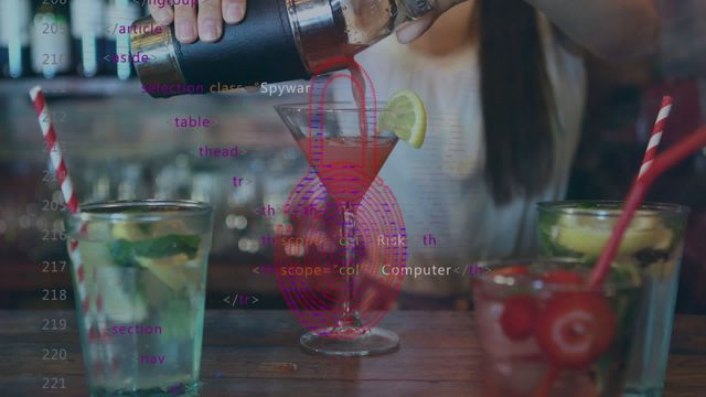 Mid section of a female bartender pouring drinks, with an overlay of a digital security padlock icon and programming code. Ideal for content related to cybersecurity in hospitality, nightlife security measures, or the intersection of technology with social scenes.