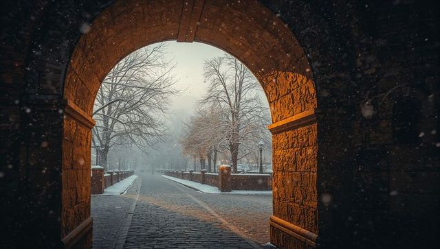 Snowy cobblestone promenade framed by warm-lit stone archway with lampposts