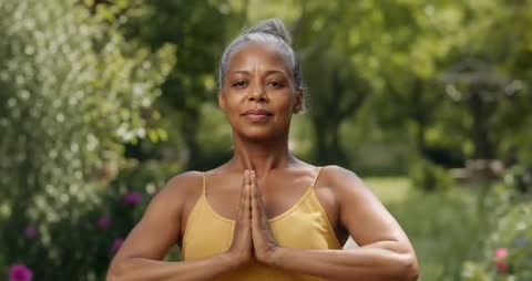 Senior Woman Practicing Mindfulness with Neck Stretch in Garden