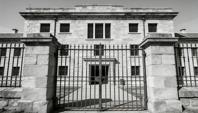 Framing wrought-iron gate and cut-stone pillars guarding symmetrical masonry facade