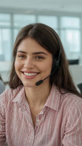 Vertical video: Smiling customer service agent wearing headset listening in modern office