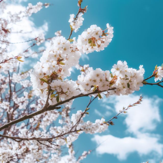 Featuring white cherry blossoms in full bloom against a bright blue sky with scattered clouds. Perfect for themes related to spring, nature, renewal, and the beauty of the outdoors. Ideal for seasonal advertising, greeting cards, desktop wallpapers, and environmental awareness campaigns.