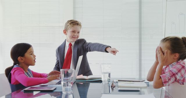 Kids Roleplaying Business Meeting, Young Boy Leading Team - Download Free Stock Images Pikwizard.com