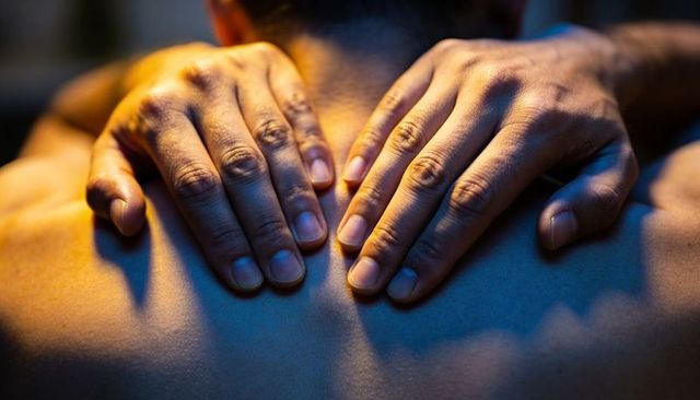 Hands Pressing Upper Back Therapeutic Massage under Warm Amber and Cool Blue Lighting