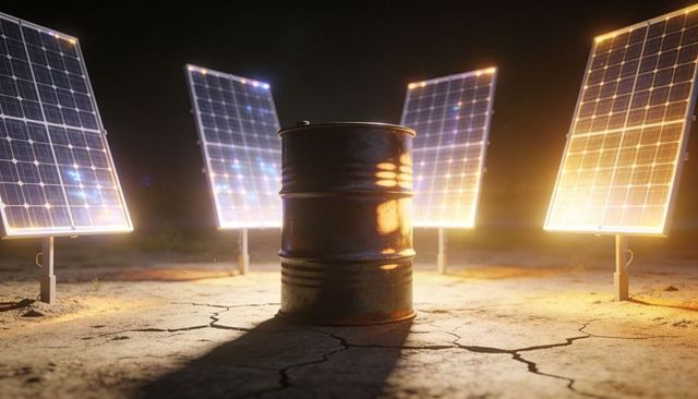 Lonely Rusted Oil Drum Surrounded by Glowing Solar Panels at Night on Cracked Desert Ground