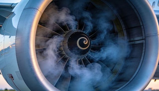 Close-up turbofan intake showing swirling vapor around spinning fan blades at golden hour