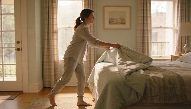 Woman making bed in cozy sunlit bedroom morning routine with neutral bedding and nightstand