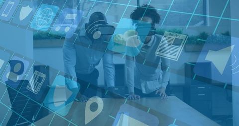Business professionals using augmented reality interface and tablet for digital collaboration